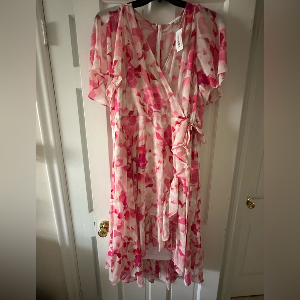 Calvin Klein NWT 18W high low pink print chiffon overlay dress